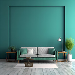Living room home interior background. Empty Teal wall mock up. Ai generated