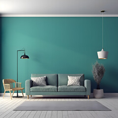 Living room home interior background. Empty teal wall mock up. Ai generated