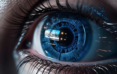 Sci-fi Futuristic Cyborg. Woman's eye with Bionic Technology. Smart contact lens with  biometric retina implants. Generative Ai.