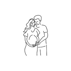 Vector illustration. Silhouette of a pregnant woman with her husband. One line art.