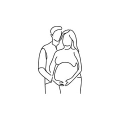 Vector illustration. Silhouette of a pregnant woman with her husband. One line art.