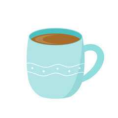 Blue coffee mug with patterns on a white background. Vector illustration in flat style.