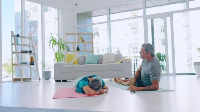 Fitness, yoga and senior couple stretching, wellness or exercise for healthy lifestyle, relax at home or stress relief. Fitness, man or woman with peace, meditation or workout for bonding or balance