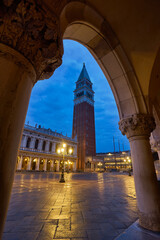 St Mark square in the first rays of sun at sunrise, Venice