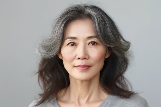 Portrait of Elderly Asian Woman Posing on Grey Background on Copy Space. Beautiful Age Model. Generative AI.