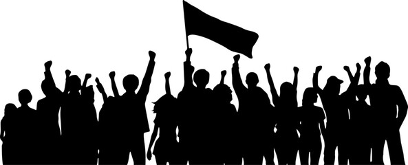 People with flags. Isolated silhouette. Vector border decoration. Conceptual illustration of meeting, protest, revolution, sport fans or music concert.