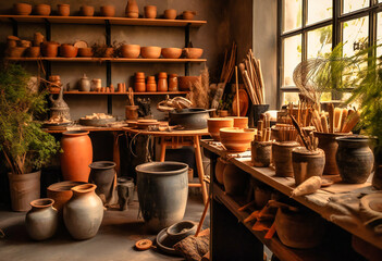 a showroom with pots, brushes and some decorations - obrazy, fototapety, plakaty