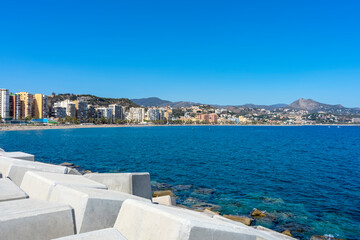 Panoramic view of Malaga coastline, beach Malageta in Malaga, Spain on April 9, 2023
