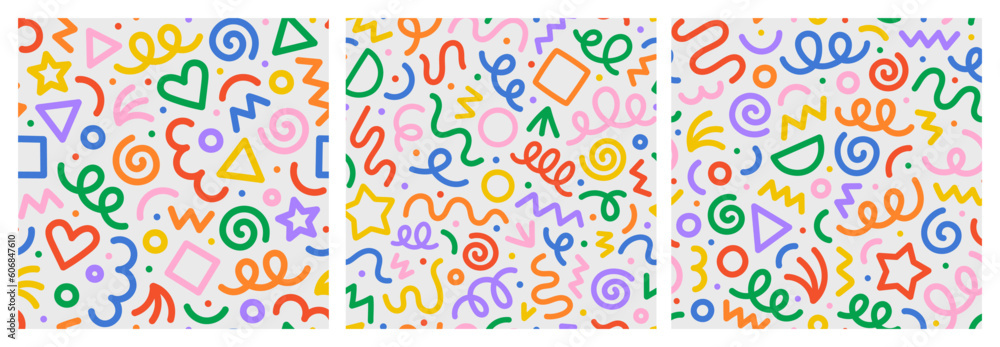 Poster Fun colorful line doodle seamless pattern. Creative minimalist style art background for children or trendy design with basic shapes. Simple childish scribble backdrop.