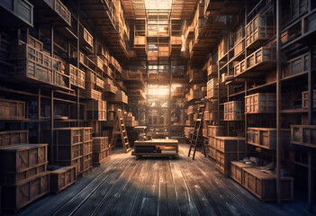 a warehouse with boxes and boxes and various shelving units - obrazy, fototapety, plakaty