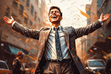 A young, attractive man in a business suit with outstretched arms and a cheerful smile, success in business. Illustration, abstract style.  AI generation