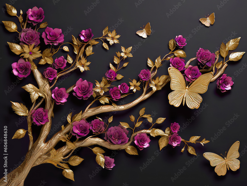 Wall mural elegant gold tree branches with magenta color flowers and golden butterflies on black background. 3d