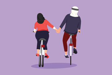 Graphic flat design drawing happy Arab couple ride bicycles in meadow back to camera and holding hand. Young romantic man and woman in love. Romantic married couple. Cartoon style vector illustration