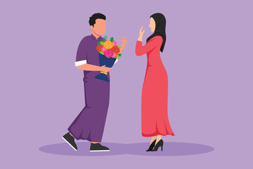 Character flat drawing happy Arab man making proposal marriage to pretty woman with bouquet. Boy surprises his girl and giving flowers. Engagement and love relation. Cartoon design vector illustration
