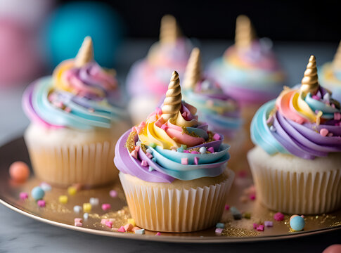 Cute unicorn theme cupcakes. Ai generated