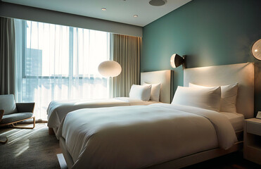 a hotel room showing two white beds in the background