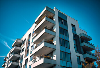 an apartment building has balconies on each side with a blue sky behind - obrazy, fototapety, plakaty