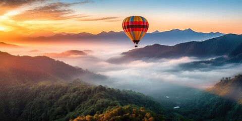 AI Generated. AI Generative.  Hot air ballon fly in Thailand Chiang Mai mountain. Graphic Art