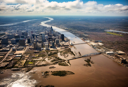 the city of new orleans viewed from above a river