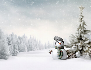 Snowman in a winter Christmas scene with snow, pine trees and warm light. Merry Christmas background.