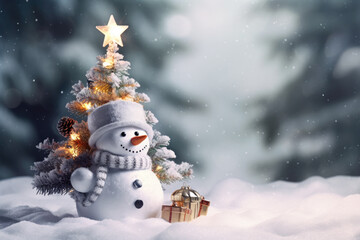 Obraz premium Snowman in a winter Christmas scene with snow, pine trees and warm light. Merry Christmas background.
