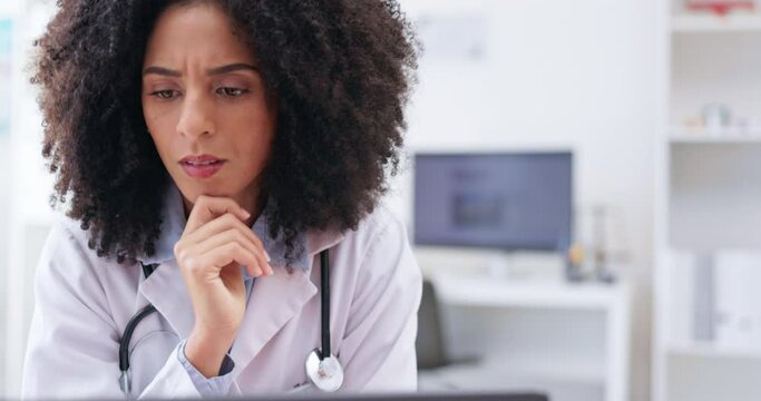 Thinking, woman and doctor with stress, confused and reading mistake in hospital. Female employee, worker and medical professional with doubt, confusion and error with report, feedback and frustrated