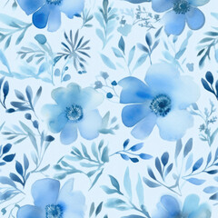 Blue floral watercolor seamless pattern. Generative AI background