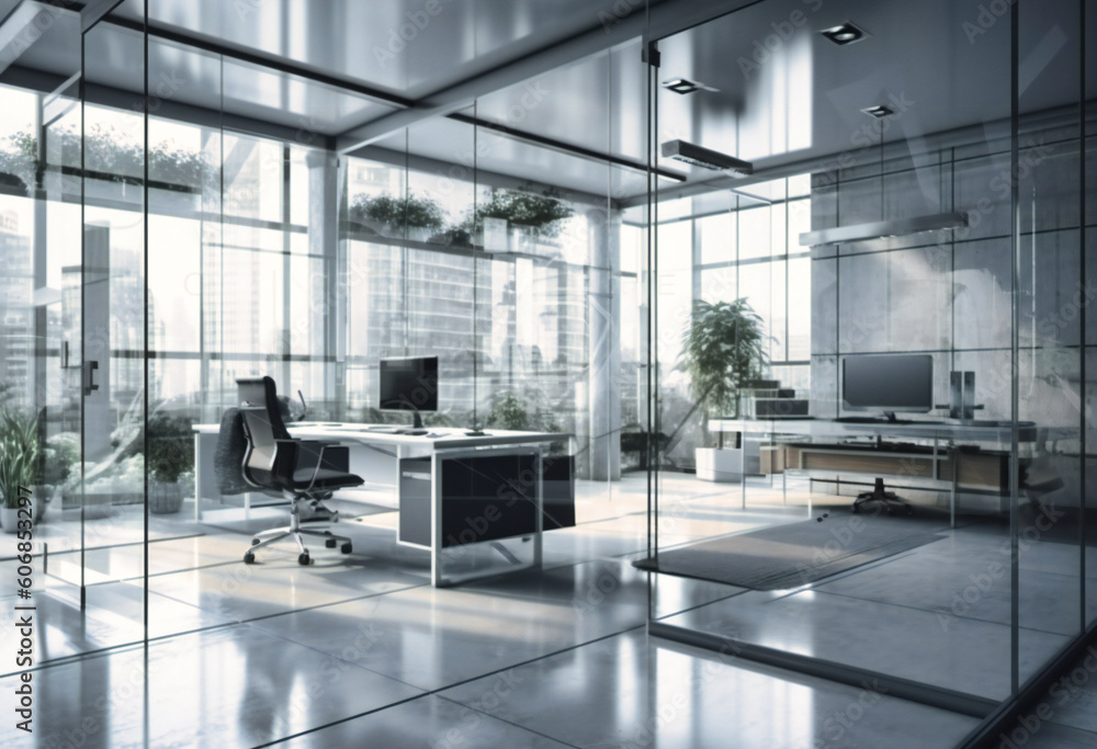 Aufkleber modern office with windows and open spaces in grey and white stock photo