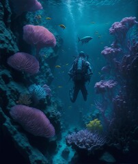 Naklejka na ściany i meble Immersive Underwater World: Tropical Fish, Vibrant Coral Reefs, and Adventurous Diver