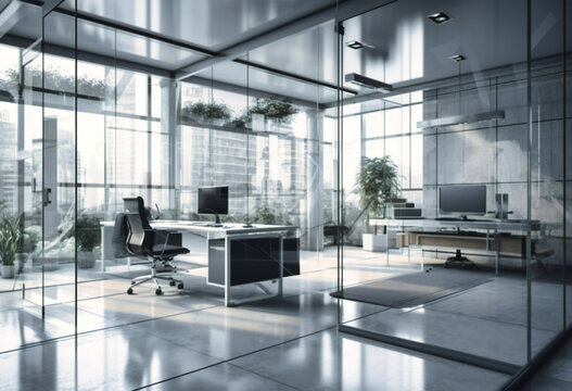 modern office with windows and open spaces in grey and white stock photo