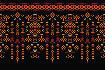 Ethnic geometric fabric pattern Cross Stitch.Ikat embroidery Ethnic oriental Pixel pattern black background. Abstract,vector,illustration. Texture,clothing,scarf,decoration,carpet,silk wallpaper.