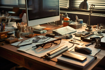 Naklejka premium a desk in a workroom with a laptop, office supplies, and glasses