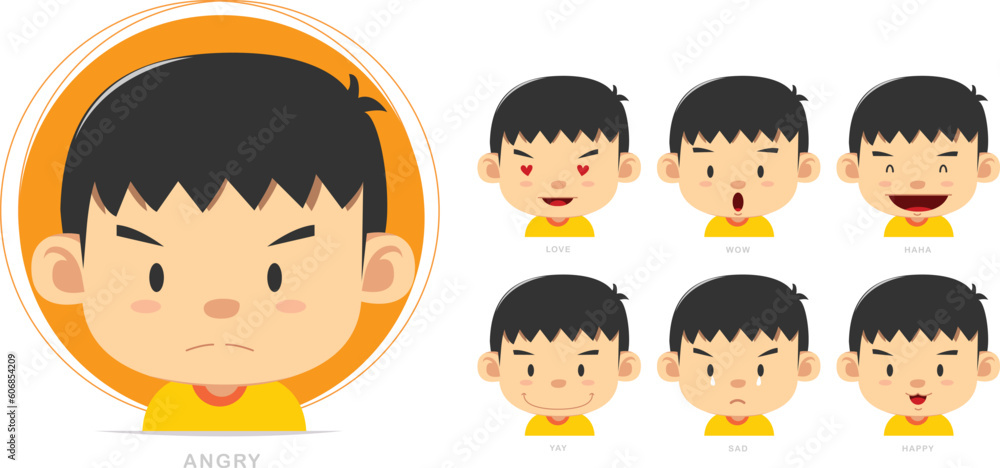 Wall mural Cartoon character of a young boy in a yellow shirt expressing a  happy , sad , wow , angry and love