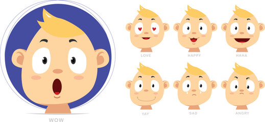 Cartoon character of a baby expressing a happy , sad , wow , angry and love