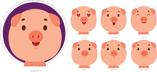 Pig character displaying a Happy , Sad , angry , wow and love
