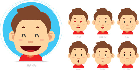 Cartoon character of a men in a red shirt expressing a  happy , sad , wow , angry and love.
