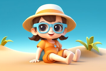 a cute 3d character of a baby girl lying on the beach sand