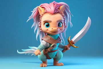 A cute 3d character of a dragon blue background
