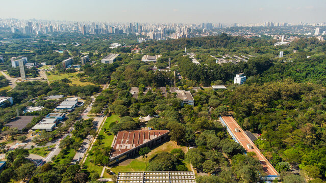 Aerial view of the USP university center on a sunny day in the city of S&atilde;o Paulo captured by a drone in 2023.