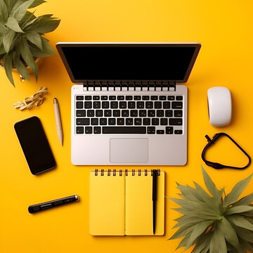 Office desk with laptop, mobile, planner, pen and plant. Yellow background. Top view, flat lay. Business concept. Generative AI.