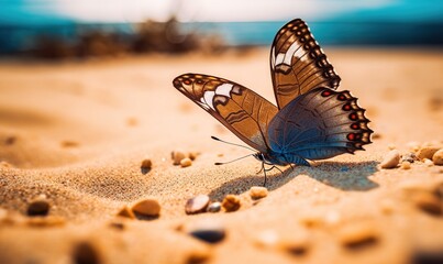 butterfly in nature, sandy beach - obrazy, fototapety, plakaty