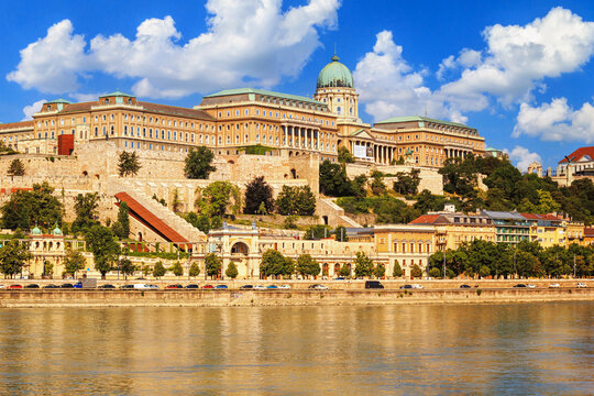 City summer landscape - view of the Buda Castle, palace complex of the Hungarian Kings on Castle Hill over the Danube river in Budapest, Hungary