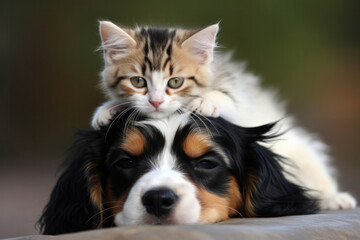 Naklejka na ściany i meble A heartwarming sight a cat and dog cuddle up in a loving embrace. AI Generative.