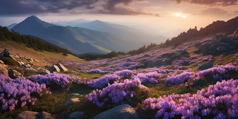 AI Generated. AI Generative.  Beautiful rhododendron flowers over sunset mountains field landscape.  Graphic Art