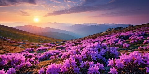 AI Generated. AI Generative.  Beautiful rhododendron flowers over sunset mountains field landscape.  Graphic Art