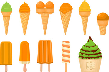 big kit ice cream popsicle different types in cone waffle cup