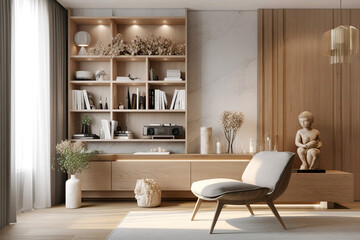 Fototapeta na wymiar Wooden wall unit and armchair near it. Scandinavian style interior design of modern living room. Created with generative AI