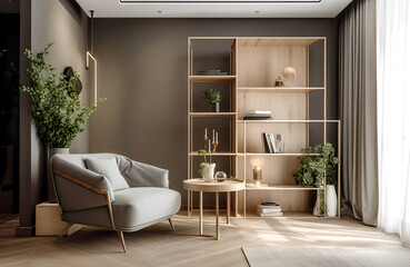 Fototapeta na wymiar Wooden shelf unit and gray armchair. Scandinavian style interior design of modern living room. Created with generative AI