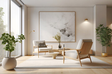 Two armchairs in room with white wall and big frame poster on it. Scandinavian style interior design of modern living room. Created with generative AI - obrazy, fototapety, plakaty