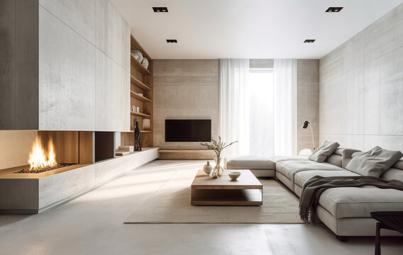 Minimalist style interior design of modern living room with fireplace and concrete walls. Created with generative AI